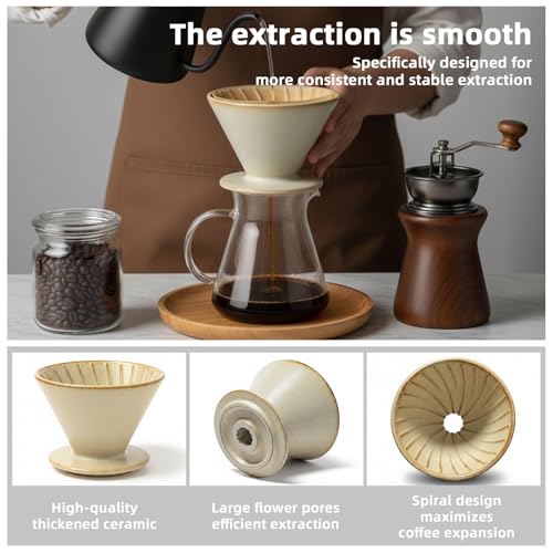 DIF DECO Ceramic Pour Over Coffee Dripper, Reusable Porcelain Portable Pour Over Coffee Maker, Slow Brewing Accessories with 1 Holes for Home, Office, Travel, Camping (Matte Yellow) - color: Brown