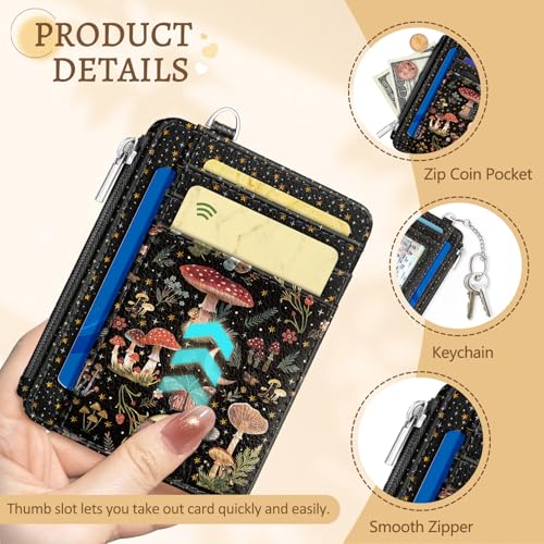 Kelvoris Credit Card Holder Small Wallet Women, Slim RFID, Mushroom Flower - color: Mushroom