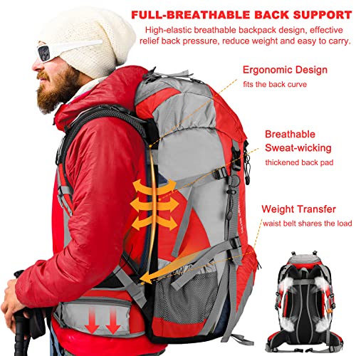 Loowoko 50L Hiking Backpack with Rain Cover for Both Men & Women - color: Red