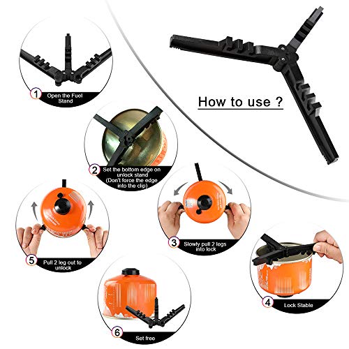 Folding Universal Fuel Can Canister Stand, Tripod Stabilizer for Camp Stove | Compact Butane Gas Tank Bracket, Plastic Cylinder Cartridge Holder, Footrest for Outdoor Hiking Stove
