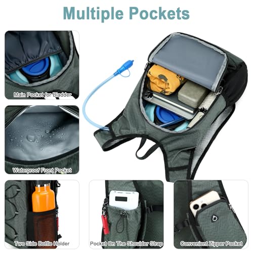 BOVIP Lightweight Hydration Back,15L Multipurpose Hiking Backpack with 1.5L Water Bladder ,Hydro Water Daypack for Cycling Hiking Rave for Men Women - size: Gray