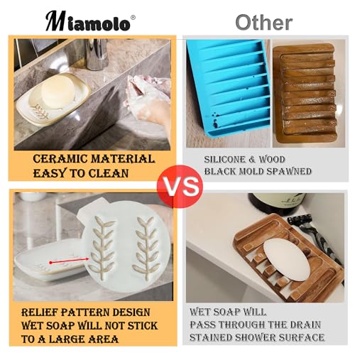 Miamolo Soap Dish Bar Cleaner Dish for Shower, Ceramic Soap Dishes for Large Soap Bar Shampoo or Sponge, Shower Soap Dish Soap Saver Tray for Bathroom Kitchen Sink, Easy to Clean (Pack of 2) - color: Beige, size: Leaf Design (Pack of 2)