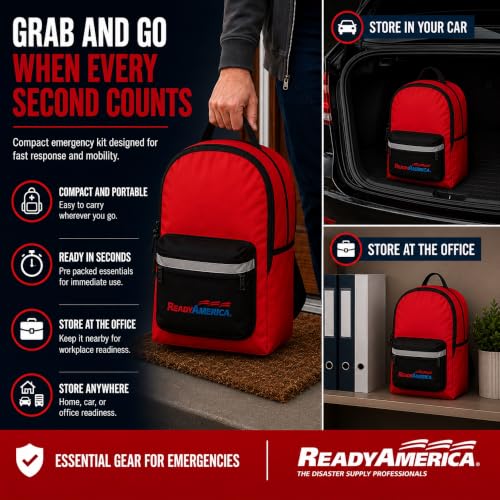 Ready America 70180 72 Hour Emergency Kit, 1-Person, 3-Day Backpack, Includes First Aid Kit, Survival Blanket, Emergency Food Portable Disaster Preparedness Go-Bag for Earthquake, Fire, Flood - size: 1 Person