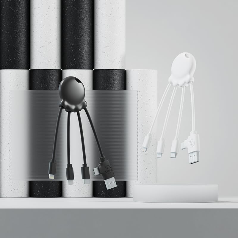 Xoopar 4-in-1 Multi USB Octopus Cable – Universal Charger with USB-C, Lightning & Micro USB – Made from Ocean Recycled Plastic – OBP White | 4-in-1 ocean recycled plastic octopus: USB, USB-C, Lightning and Micro USB for all your devices - color: white