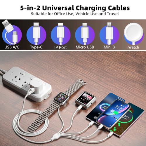 YIFYSUN 5-in-2 Multi Charging Cable for Apple Watch Charger : USB A/C Input, Type C/IP/Micro USB/Mini B Cable Cord for iWatch Ultra/SE/10-1/iPhone 17-11/Galaxy S25-S20/Garmin GPS-White, 4FT - color: White