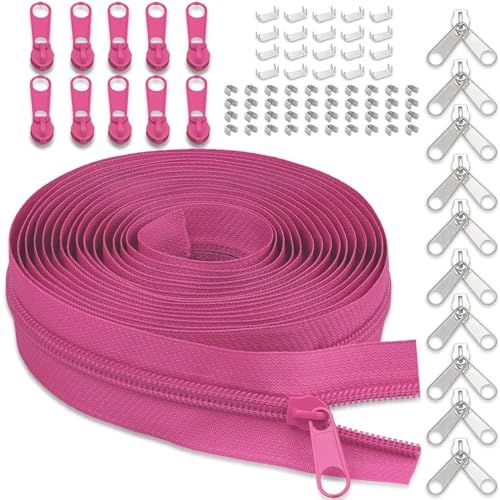 #3 Nylon Zipper Tape for Sewing: YZSFIRM 10 Yards Rose Red by The Yard Nylon Coil Zippers for DIY Sewing Craft with 10 Bulk Metal Zipper Slider and 10 Double Slider - color: 144 Rose Red, size: #3 Zipper