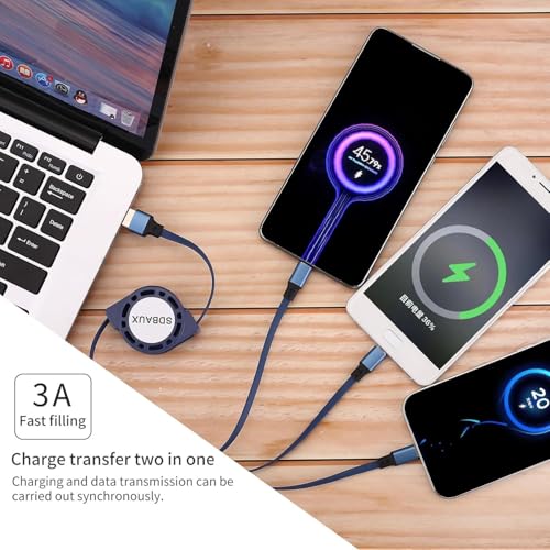 SDBAUX Multi Charging Cable,USB A to 3 in 1 Retractable Mini/Type-C/Micro Port Fast Charger Cord for iPhone 17 16 15 14 13 12 Pro Max,Galaxy S23/S22/S20,Cell Phones Tablets Universal Use (Blue) - color: Blue