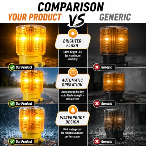 Solar Strobe Warning Light, Bright LED Safety Beacon, Auto On/Off Solar Flashing Light, IP65 Waterproof Emergency Warning Lamp for Construction, Dock, Factory, Traffic, Marine & Road Safety (Yellow) - color: Yellow