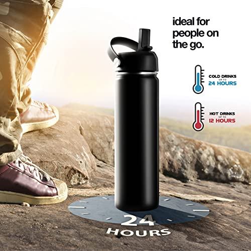 22 oz Insulated Water Bottle with Straw Lid, Stainless Steel - color: Midnight Black, size: 22 Ounces