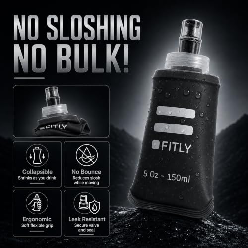 FITLY Soft Flask - Shrink As You Drink Soft Water Bottle for Hydration Pack - Folding Water Bottle Ideal for Running, Hiking, Cycling, Climbing & Rigorous Activity - color: Black, size: 5 Ounces