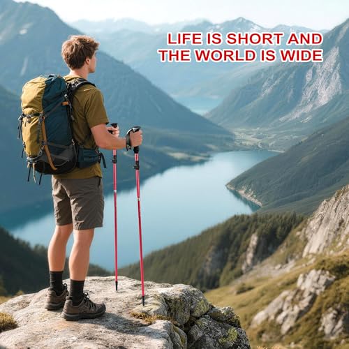 AISUNOURDOOR Lightweight Adjustable Trekking Poles, Aluminum Collapsible Travel Hiking or Walking Sticks for Women Children, with One Disposable Raincoat - color: Red 2