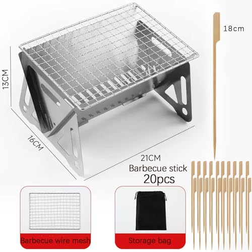 Outdoor Stainless Steel Camping Grill Folding Barbecue Grills Mini Portable Camping Grill with Bamboo chopsticks/Storage bag, Small Assemblable Removable BBQ Grill Tabletop Fire Pit for Camping Patio