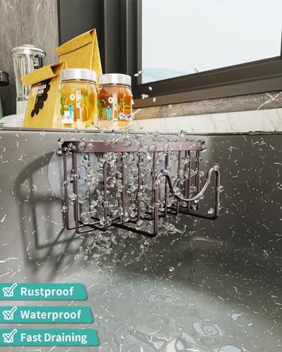 HapiRm Multifunctional Sponge Holder for Kitchen Sink with Unique M-Shaped, 2 Installation Methods Sink Caddy, Stainless Steel Kitchen Organizer for Sponge, Brush, Sink Stopper and Scraper -Bronze - color: Bronze, size: with M-shaped Holder