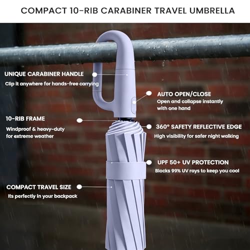 SIEPASA Travel Umbrella with Carabiner Handle - Windproof 10 Ribs Auto Open/Close for Rain & Sun Protection, Compact Portable Clip-on Backpack Design with Safety Reflective Strip. - color: UV-Light Purple