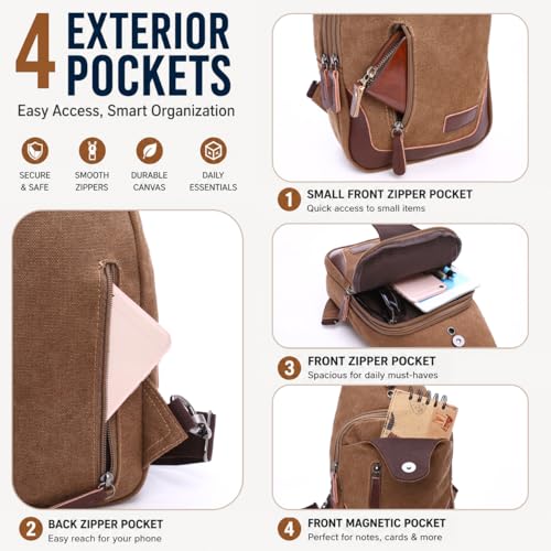 Canvas Sling Bag for Men Crossbody Chest Bag Casual Daypack Rucksack Small Crossbody Backpack with Adjustable Strap - color: Coffee