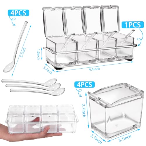 4-Cell Clear Seasoning Rack Spice Box, Storage Container Condiment Jars Acrylic Seasoning Box with Cover and Spoon (Enhanced Version Clear) - color: Enhanced Version Clear