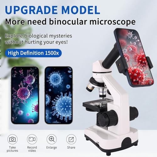 Herwicm Microscope,40X-2000X Microscope with Phone Adapter & Slides Set,Suitable for Students School Lab and Home Education (Monocular Microscope) - color: Black and white