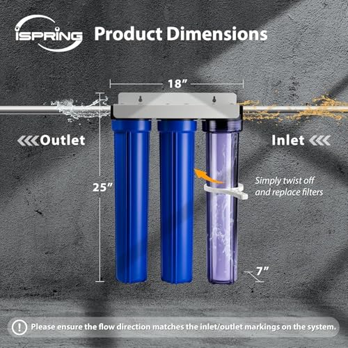 iSpring WCB32C-GAC+AHPF12MNPT12X2 3-Stage Whole House Water Filter System w/ 3/4'' Push-Fit Braided Stainless Steel Hose Connectors, Reduces Chloramine, PFAS, Chlorine, Sediments, 3/4" Inlet/Outlet - color: Clear 1st Stage Filtration System, style: PFAS &