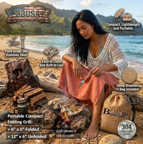 Portable Bushcraft Stainless BBQ Folding Cooking Grill Grate & Burlap Hemp Drawstring Bag. Camping, Campfires, Backpacking, Hunting & Fishing. (Folding Grill & Bag ONLY) - size: Folding Grill & Bag