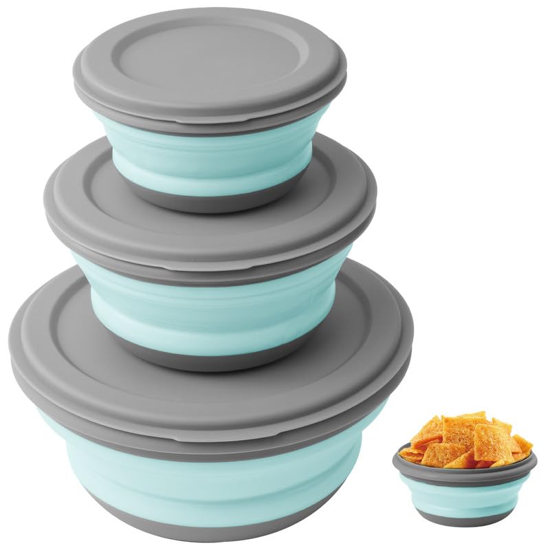 flintronic 3Pcs Collapsible Camping Bowl Sets, Portable Silicone Bowl with Lid, Folding Bowl, Portable Salad Bowl, Folding Lunch Box for Camping, Kitchen, Hiking