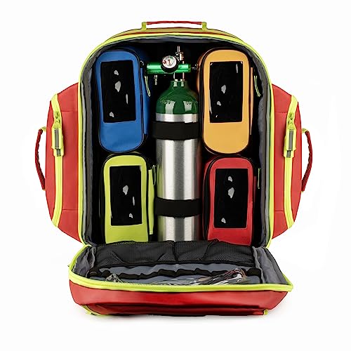 Scherber Fully-Stocked Premium First Responder Backpack | EMT/EMS Medic Trauma & Oxygen Medical Professional Kit | Bag w/ 4 Color-Coded Removable Pouches, O2 Storage, & 250+ First Aid Supplies - Red - color: Red