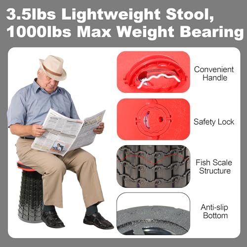 Upgraded 19.7"Portable Collapsible Folding Stool with Cushion Retractable Telescoping Foldable Stool for Adults Heavy Duty Camping Sturdy with Max Load Capacity 1000lbs for Outdoor Fishing Hiking BBQ - color: Red, size: XX-Large