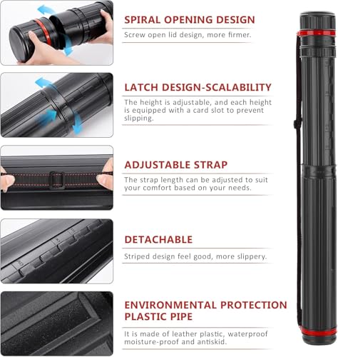 DEWEL Poster Tube 30"-51", Telescoping Blueprint Holder Art Tube with Strap - color: Black (Striped), size: X-Large