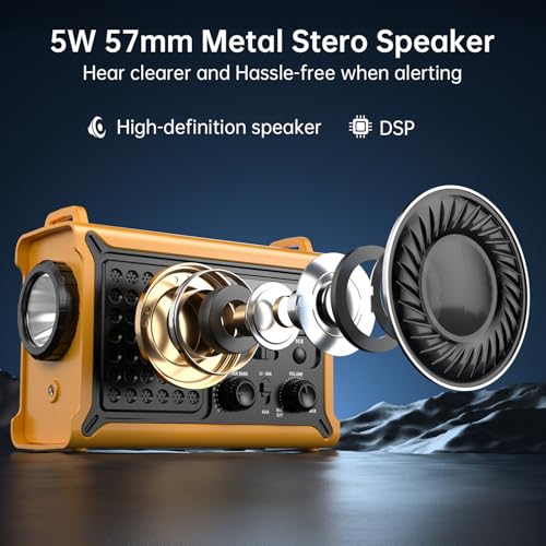 NOAA Weather Radio, 12000mAh Emergency Portable Radio, Hand Crank & Solar - color: Yellow