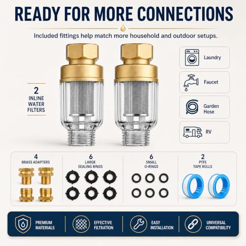 2 Pack 50 Micron Sediment Water Filter for Washer, Faucet & Heater | Reusable stainless steel screen traps sand and rust. Includes brass fittings, adapters and extension tubes - color: Style C