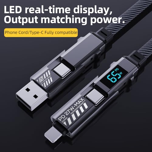 4-in-1 USB Charging Cable with Wattage Display (65W, 6.6FT) | USB A/C to USB C/L Port, Compatible with iPhone 17-12/MacBook/Tablet/Samsung S25/S24 Phone & More, Carplay Cable