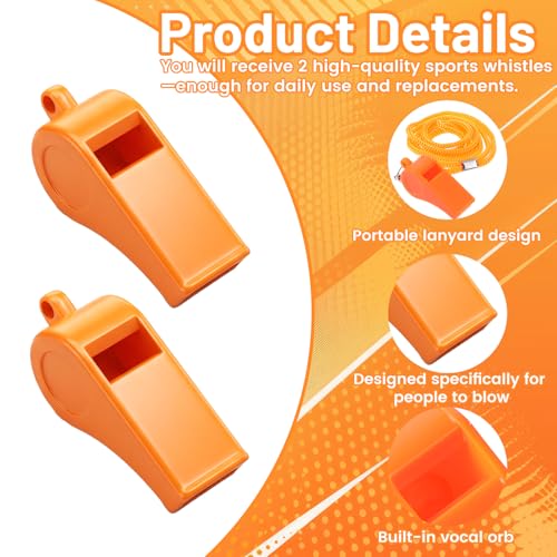 2 Packs Plastic Orange Whistle, Referee Whistles with Lanyard Super Loud Emergency Whistle for Boating, Swimming, Kayaking, Hiking, Camping