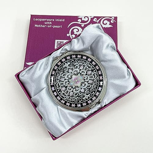 Portable Makeup Compact Double Magnifying Mirror Cosmestic Foldable Pocket Style Unique Mother of Pearl Design (Arabesque) - color: Arabesque