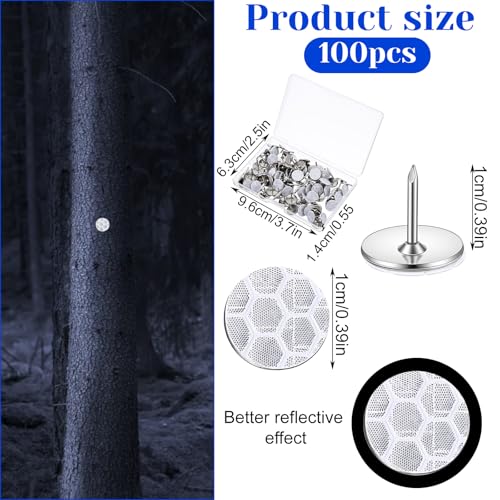 100 PCS Reflective Tacks Trail Markers, 0.4" High Visibility Tacks Bright Eyes Trail Markers, Glow Mark Thumb Tack with Box for Hunting Hiking Camping Tree Stand Marking