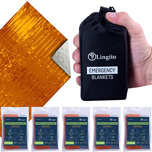 Lingito Survival Blanket, Emergency Blankets Camping, Hiking, Traveling, Heavy Duty Thermal Blanket, Waterproof Insulated Space Blankets Individually Packed, Emergency Outdoor Kit (5 Pack - Orange)