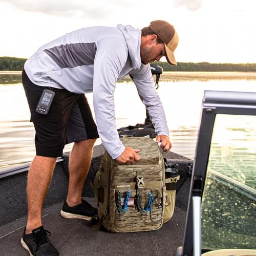 Piscifun Fishing Tackle Backpack, Rod & Gear Holder, Water-Resistant | 20L storage, breathable padding & adjustable shoulder straps, MOLLE panel, Khaki Camouflage - color: Khaki Camouflage, size: Large