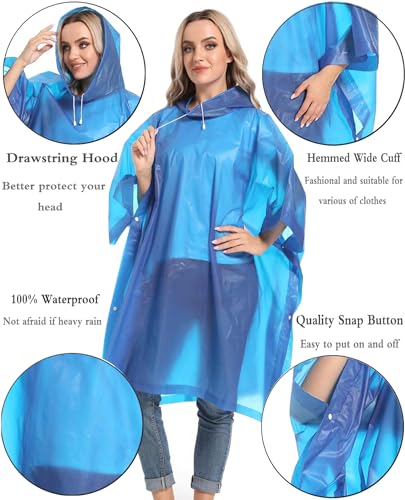 Reusable Rain Ponchos with Drawstring Hood for Adults, Waterproof Thicken Rain Coat, 2 Packs - color: Black & Blue