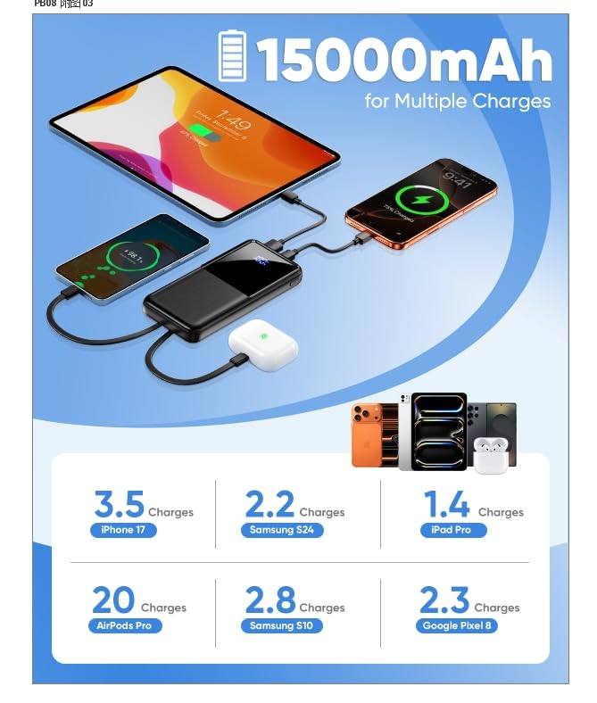 CFIAI Portable Charger 15000mAh Slim Power Bank with Built in Cables | 22.5W Fast Charge, Travel Essential, 50% Larger Capacity USB C Battery Pack for iPhone Samsung Google Android, Black - color: Jet