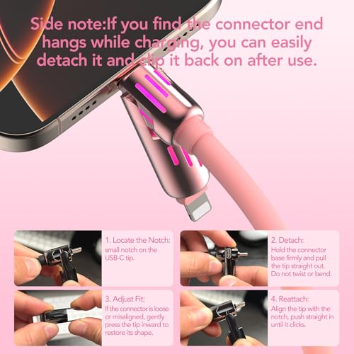 MFish 240W 4-in-1 Fast Charging Cable, Pink, 6.6FT | Carrying Case, USB-A & USB-C to USB-C/Lightning, For iPhone 17/16/15/14, MacBook, iPad, Laptop, Samsung S25/S24 - color: Pink, size: 6.6Ft