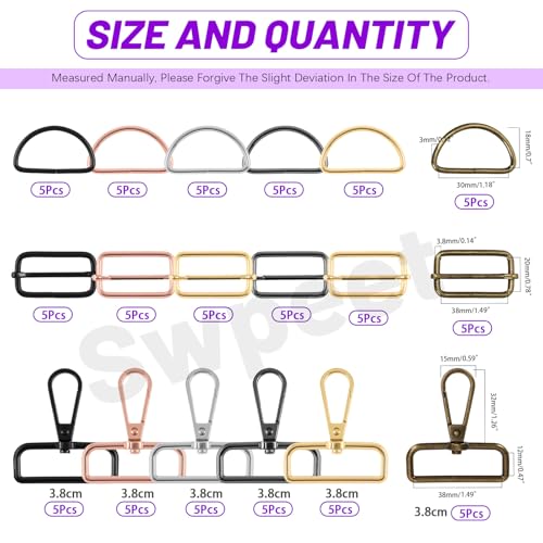 Swpeet 90Pcs 6 Colors 38MM Metal D Ring & Rectangle Adjuster Triglides Slides Buckle & D Ring Swivel Lobster Clasp Kit, Semi-Circular D Rings Roller Pin Buckles Swivel Snap Hook for Belt DIY Crafts - style: 3.8CM