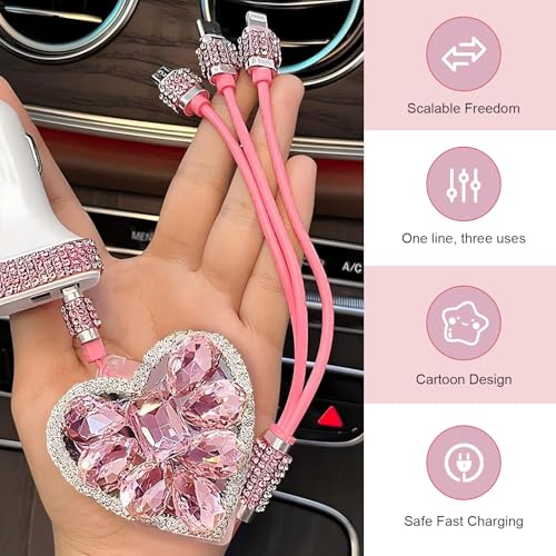 Multi Charging Cable, 3 in 1 Multi Charger Cable with Type-C/Lightning/Micro USB Connectors, Rhinestone Retractable Car Charger Cord, Universal for Most Phones, Tablets (Pink) - color: Pink