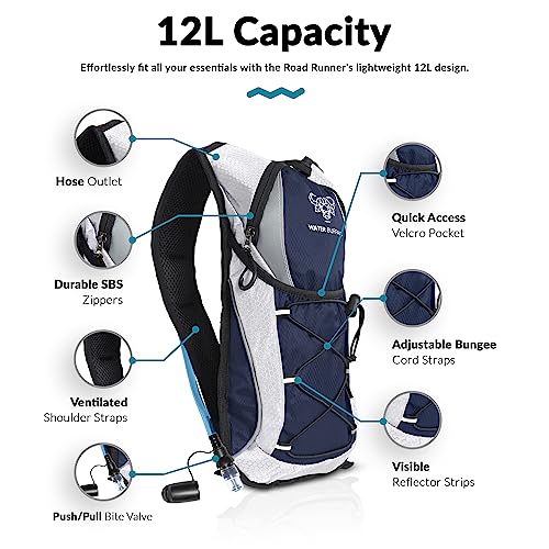 Water Buffalo Hydration Backpack - Lightweight Hydration Pack with 2L Water Bladder - Water Backpack for Hiking, Running, Biking, and Raves - Road Runner 12L Hydropack Backpack - color: Arctic Blue