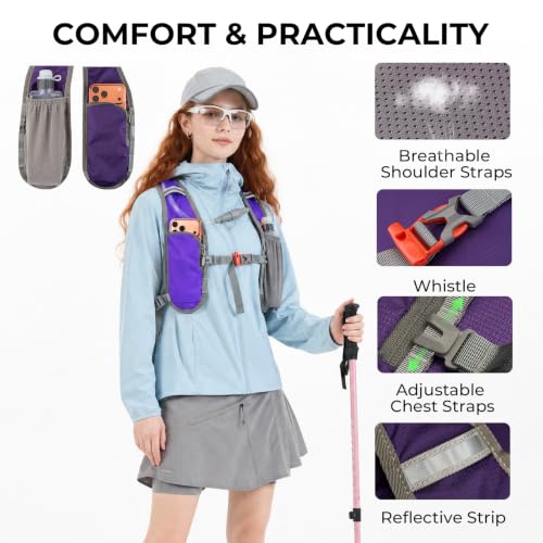 14L Small Hiking Backpack, Packable Travel Daypack for Men Women | Lightweight, Quick-Access Phone Pocket, Breathable, Water Resistant, Adjustable Straps, Emergency Whistle, Commuting Cycling - color: Purple