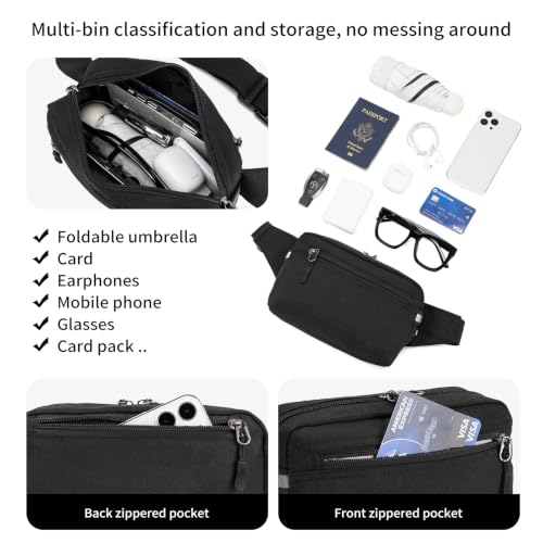 Mini Hiking Waist Bag, 3-Pocket 1.7L RFID Blocking Fanny Pack for Men Women - color: Black