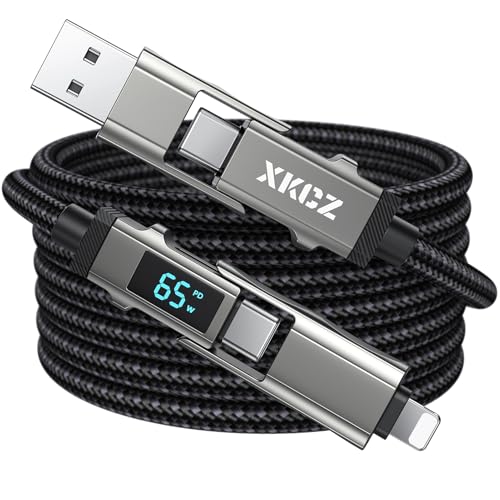 4 in 1 USB C Cable with Wattage Display, 65W Round Nylon Braided Multi Charging Cable with Data Sync, USB C Charging Cord Combo Type C/USB A/iPhone Port for iPhone/iPad/Samsung/Laptop, 5FT - size: 5FT, style: 65W