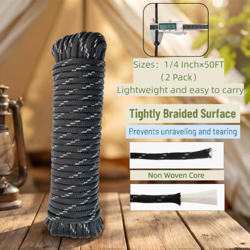 1/4 in × 100 ft Reflective Black Diamond Braided Polypropylene Rope with Non-Woven Core, Multi-Purpose Utility Cord for Clothesline, Camping, Outdoor, DIY, and Home Use (2 Pack, 50ft Each) - size: 1/4" x 100FT, style: Reflective Black