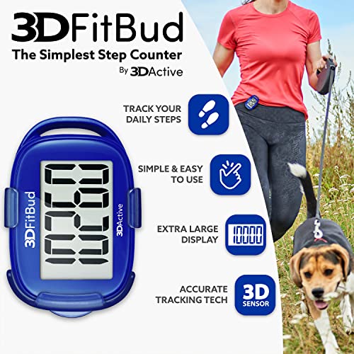 3DFitBud Simple Step Counter Walking 3D Pedometer by 3DActive with Clip, Lanyard Accurate Step Tracker Large Display, Easy to Use for Kids Men Women Adult Seniors Daily Step Tracking - A420S - color: Royal Blue
