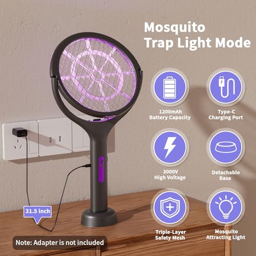 Rechargeable Electric Fly Swatter, Telescopic Handle with Rotating Head, 1200mAh Type-C Charging, Indoor & Outdoor Handheld Bug Zapper for Mosquitoes and Flies