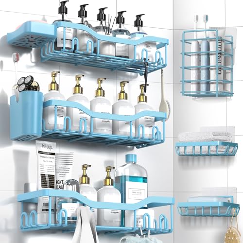 NESOMI Shower Caddy Adhesive Shower Organizer 8-Pack, Rustproof Stainless Steel Bathroom Shelves, Large Capacity No-Drill Rack Storage Accessories with Soap Dish Toothbrush Holder Hooks - color: Blue, size: 8-Piece Set