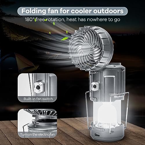 Solar Camping Lantern with Fan & Phone Charger, Portable Rechargeable Power for Hurricanes, Emergency, Power Outage and Camping Gear, Silver - style: Modern