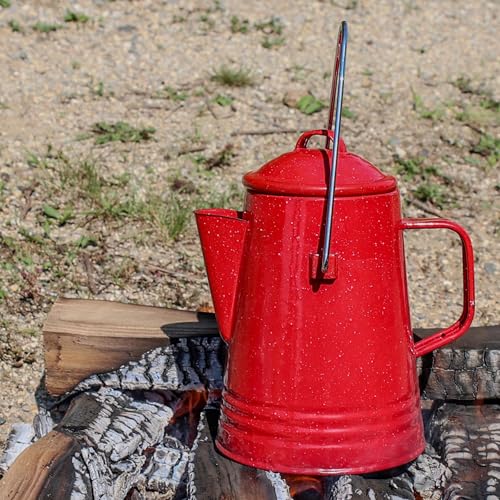 GRIP Coffee Percolator (Red) - Durable Glazed Enamel Steel - Prepare Coffee Over the Fire - Camping, Hiking, Backpacking, Fishing, Hunting - (8 Cups)